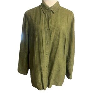 Crossroads Women  M  Linen Cotton Olive Green Button Down  Long Sleeves Shirt